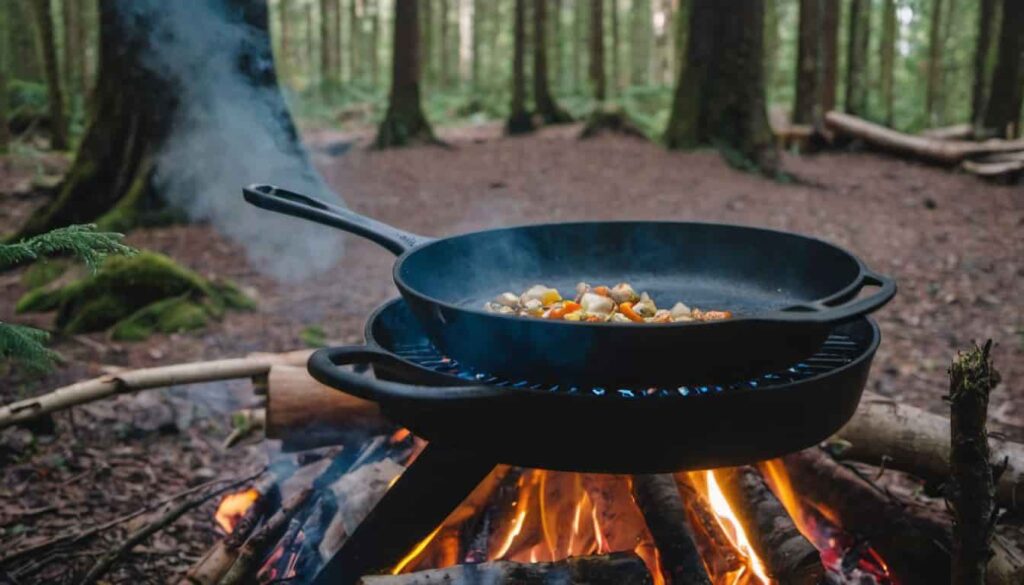 Pentola di ghisa sul fuoco nel bosco